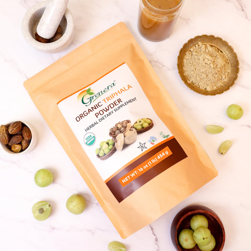 Grenera Organic Triphala Powder 1 lb (16 Ounce) 454 Grams - Made with Organic Amalaki, Organic Bibhitaki, Organic Haritaki Fruit - USDA Organic, Vegan, Kosher Certified - BeesActive Australia