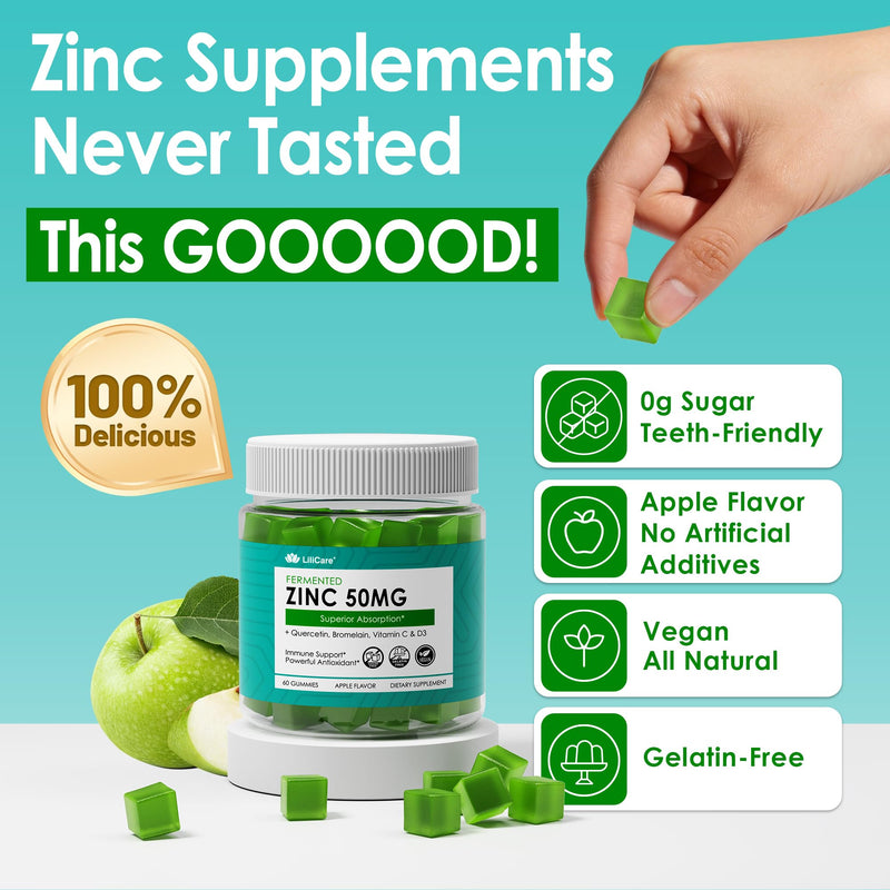 Fermented Zinc Gummies 50mg + Vitamin C & D3 Zinc Supplements for Women Men | Zinc Picolinate Gummies Alternaitive, Superior Absorption & Stomach Friendly, Zinc for Immune, Antioxidant, Skin, Vegan 60Cts 60 Count (Pack of 1)