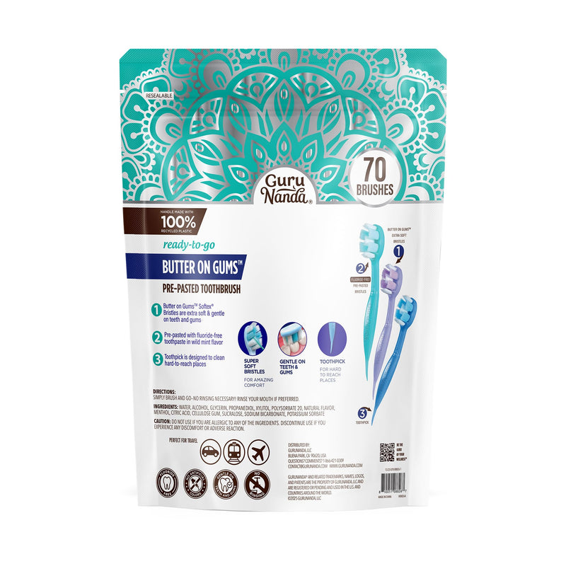 GuruNanda Ready-to-Go Disposable Mini Travel Toothbrushes - Butter on Gums Softex Bristles, Pre-Pasted Toothbrush & Toothpick - Fluoride-Free, No Rinsing Needed, 70 Ct 70 Count (Pack of 1) - BeesActive Australia
