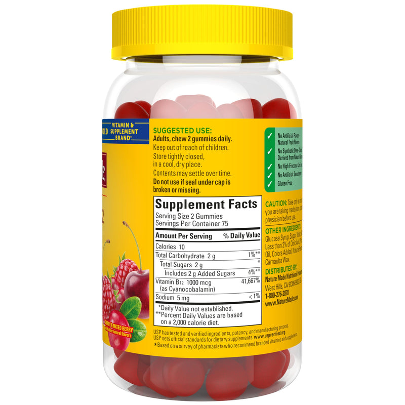 Nature Made Vitamin B12 Gummies 1000 mcg per Serving, 150 Gummy Vitamins | B12 Vitamins, Dietary Supplement for Energy Metabolism Support, B12 Helps Support Brain Cell Function, 75 Day Supply Cherry & Mixed Berry 150 Count (Pack of 1)