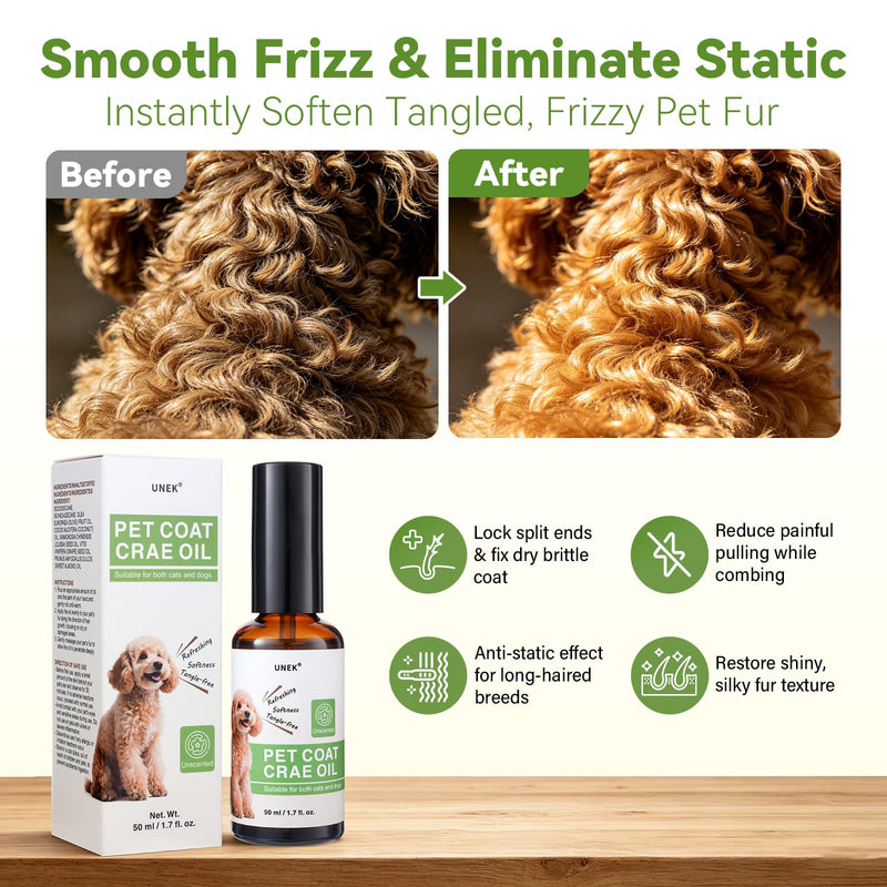 UNEK Unscented Pet Coat Oil for Dogs & Cats 50ml – Lightweight Leave-In Coat Conditioner with Olive, Coconut & Jojoba Oils – Helps Reduce Static, Smooth Frizz & Add Shine to Dry or Long Fur