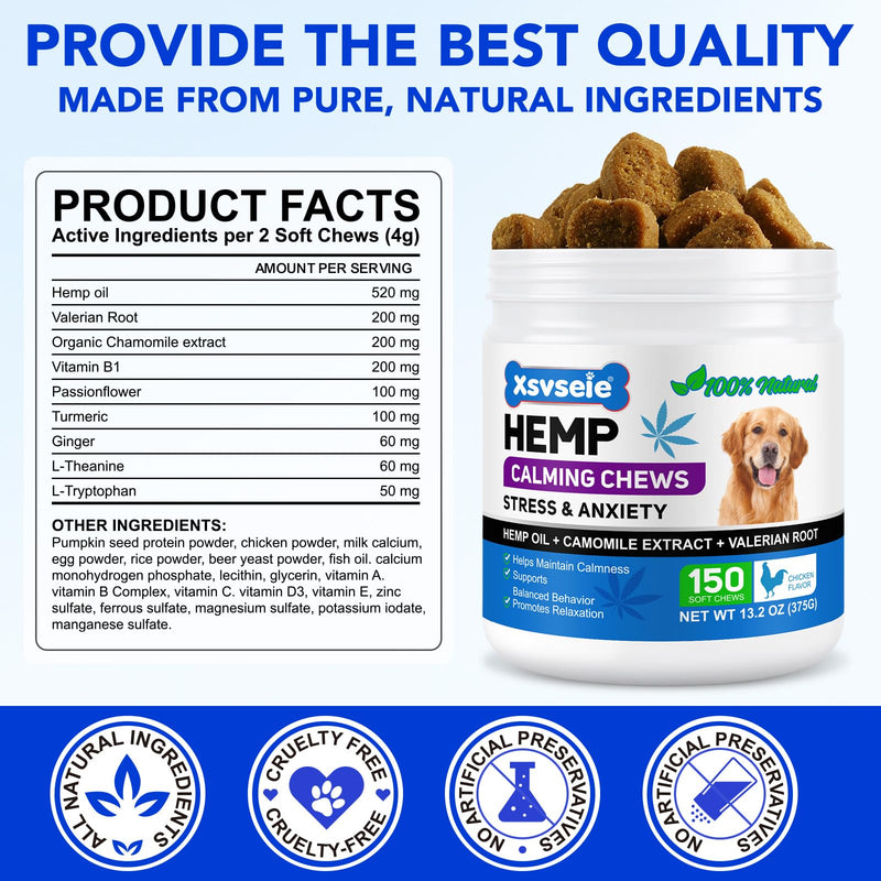 Dog Calming Treats for Anxiety Relief,150 Chicken Flavour Soft Chews for Dogs,Natural Stress Relief & Relaxation Support,Help Reduce Barking,Hyperactivity,Separation Anxiety & Sleep Aid for All Breeds