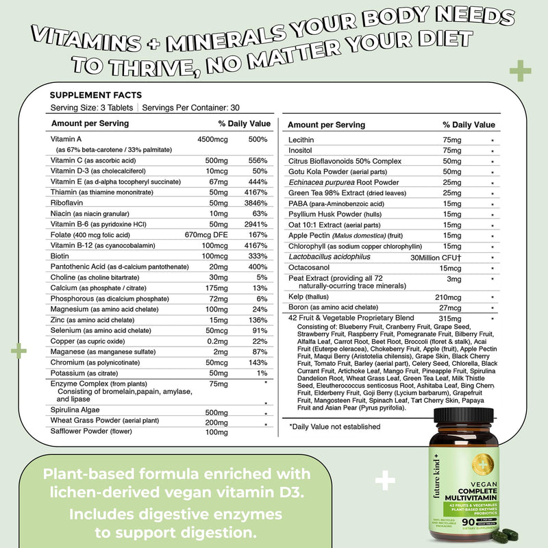 Future Kind Vegan Multivitamins Complete - 42-in-1 Vegan Multivitamins for Women & Men with Enzymes, B12, Zinc, & Probiotics for Digestion (90 tabs in Recycled Bottle)