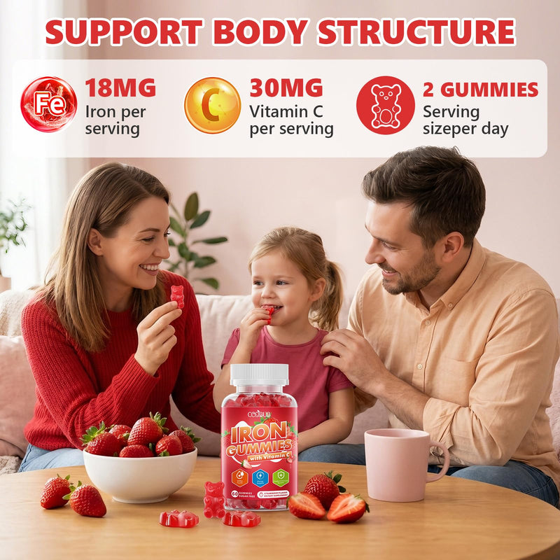 Iron Gummies with Vitamin C, Iron Supplement for Women & Men, 120 Count | Immune Support, Blood Builder & Energy Support for Iron Deficiency, Sugar Free, Vegan, Strawberry Flavor