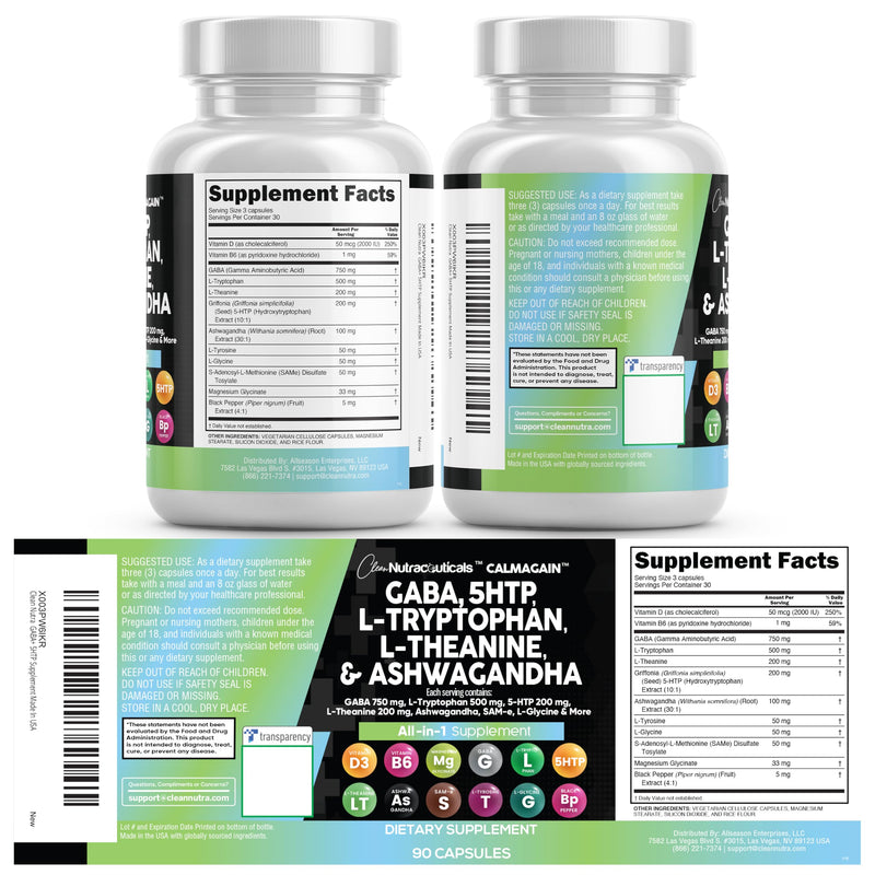 Clean Nutraceuticals GABA 750mg 5 HTP 200mg L Tryptophan 500mg L Theanine 200mg Ashwagandha SAM-e L-Glycine - Mood Support Vitamins for Women and Men with L-Tyrosine (90 Count (Pack of 3)) 30 Count (Pack of 3)