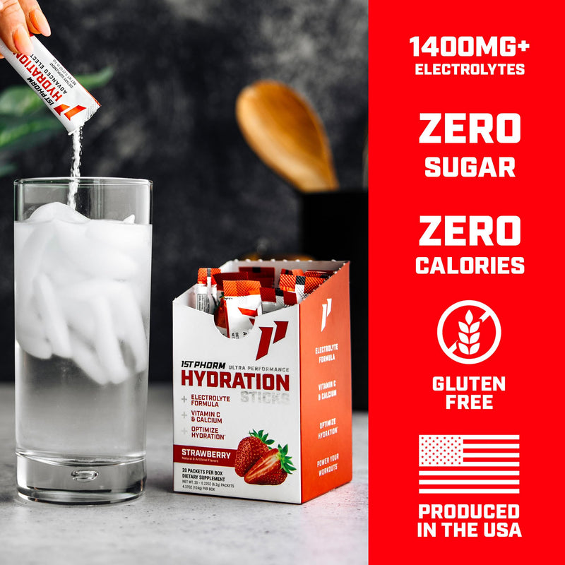 1st Phorm Hydration Sticks, Strawberry, Electrolyte Drink Mix, 20 Ct | With Vitamin D & Calcium, 1150mg Electrolytes & Vitamins Per Stick, NSF Certified, Zero Sugar, Travel-Ready Stick Packs Strawberry (Daily)
