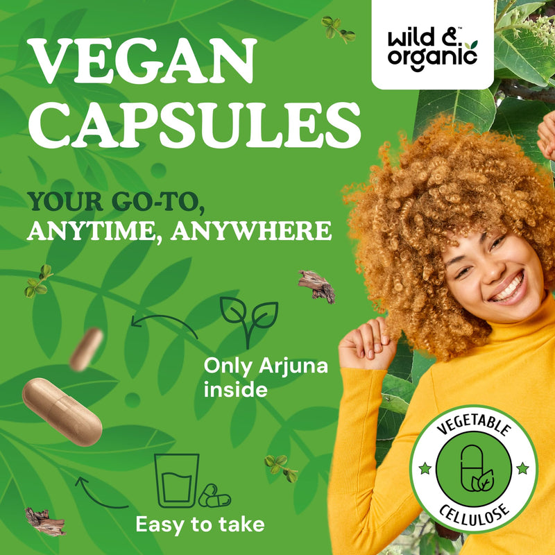 Wild & Organic Arjuna Bark Capsules - Overall Support - Arjuna Powder Supplement - 180 Herbal Capsules - 6-Month Supply - Terminalia Bark & Leaf Extract - Vegan, No Fillers, Non-GMO - BeesActive Australia
