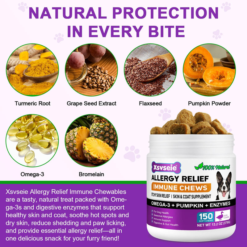 Itch & Immunity Chews for Dogs – 150 Soft Chews | Supports Skin Comfort, Coat Condition, and Natural Defenses | Daily Duck-Flavored Supplement for All Breeds & Ages