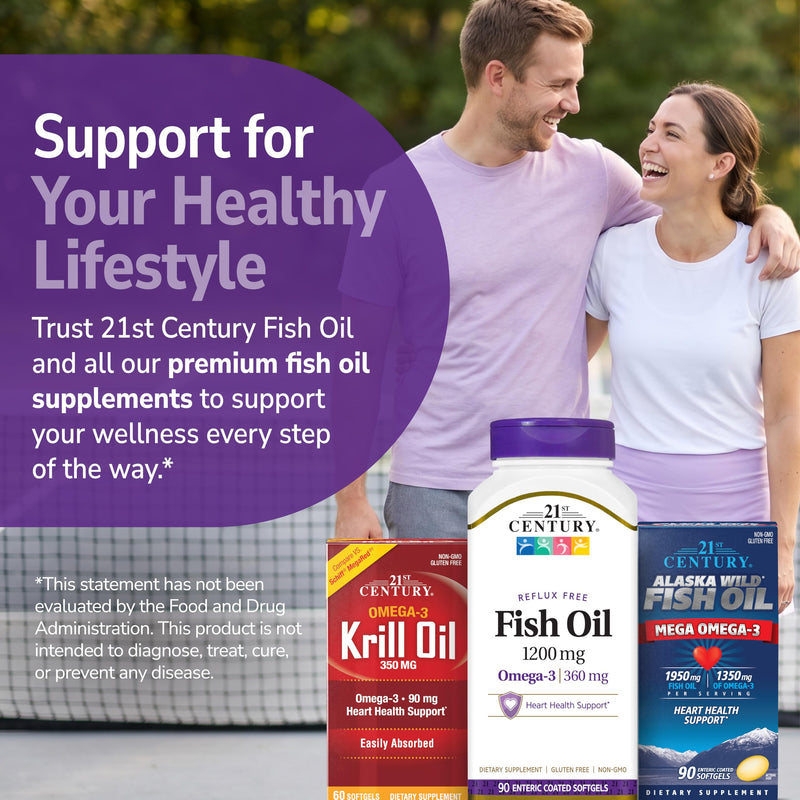 21st Century Fish Oil 1200mg Enteric Coated Softgels, Omega-3, 90 Count | Omega-3 Fish Oil 1200 mg with 360 mg EPA & DHA, Heart Health Support, Enteric-Coated & Easy to Digest, 90-count Softgels 90 Count (Pack of 1)