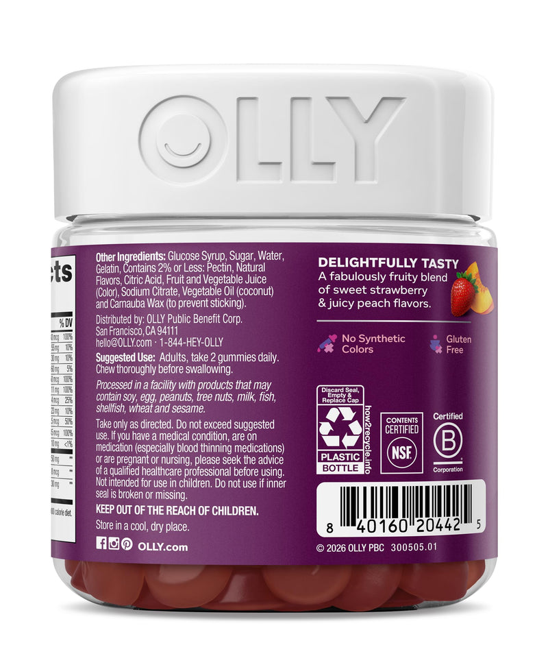 OLLY Women's 40+ Multi Gummies, 20 Key Nutrients Plus Vitamin K2, CoQ10, L-Theanine, Chewable Gummy Supplement, Peach Berry Flavored, 45 Day Supply - 120 Count