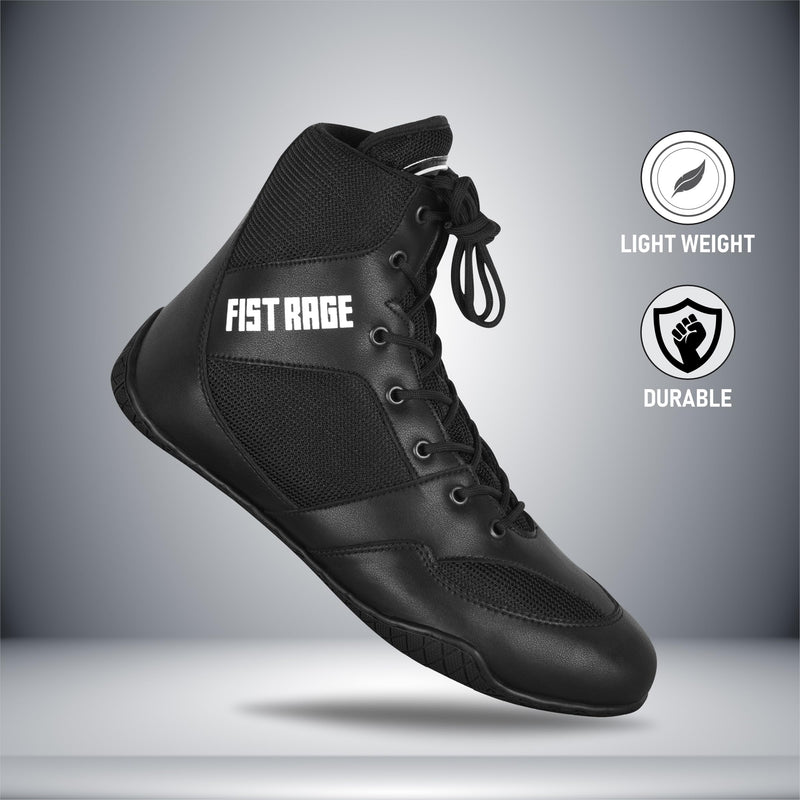 FISTRAGE Boxing Shoes Lightweight Microfiber Leather Kickboxing Training and Fighting Boots Pro Fighters with Mesh and Rubber Sole for Extra Grip - Ventilated Design - Men, Women, Kids Sizes Along With Sting Bag 8.5 Women/7 Men Black - BeesActive Australia