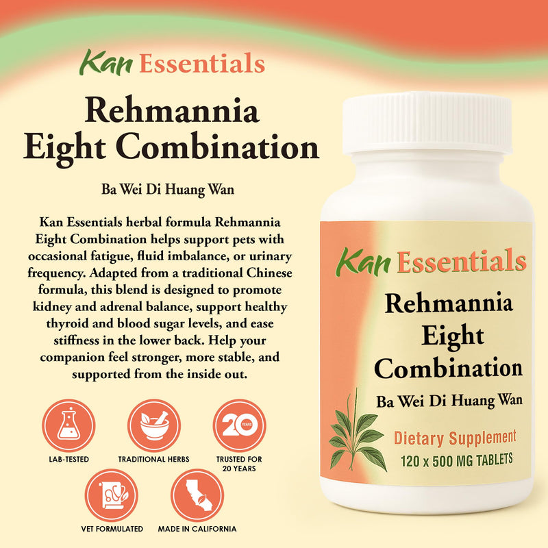 Kan Herb Company Rehmannia Eight Combination – Traditional Chinese Herbal Blend for Dogs & Cats to Support Kidney Health, Vitality, & Hormonal Balance, Herbal Supplement Tablets for Pets, 120 Tablets 120 Count (Pack of 1)