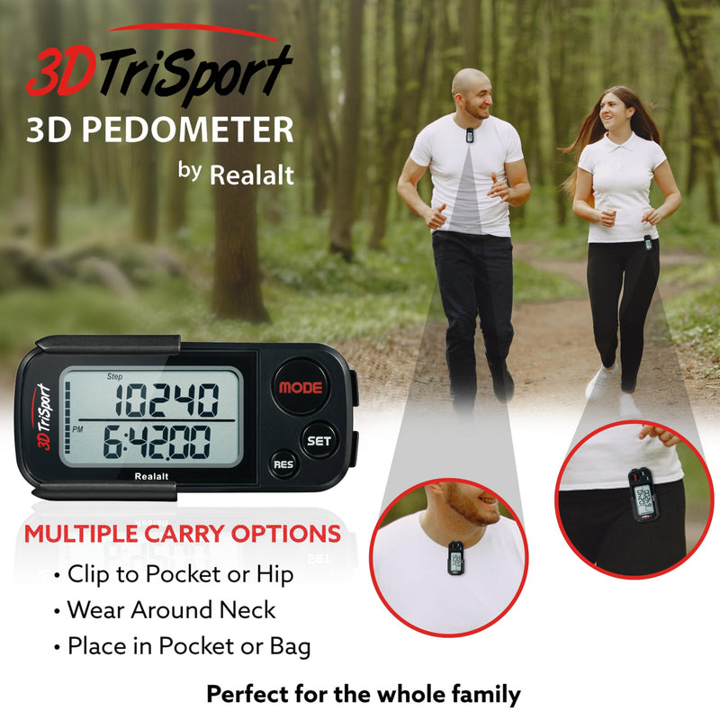 Realalt 3DTriSport 3D Walking Pedometer with Clip & Strap, Accurate Step Counter with 30-Day Memory, Distance in Miles/KM with Large Display Perfect for Seniors & Beginners, eBook Included One Size Stealth Black