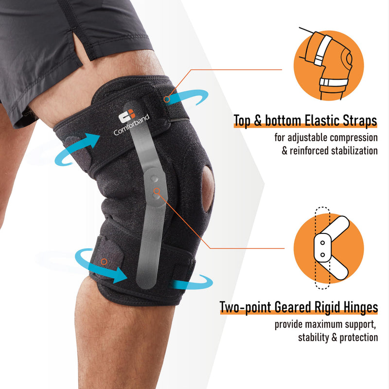 Adjustable Hinged Knee Brace – Dual Side Hinges for ACL, PCL, MCL Injury Support, Meniscus Tear, Arthritis Pain Relief, Post-Surgery Recovery (Black, S/M) Black
