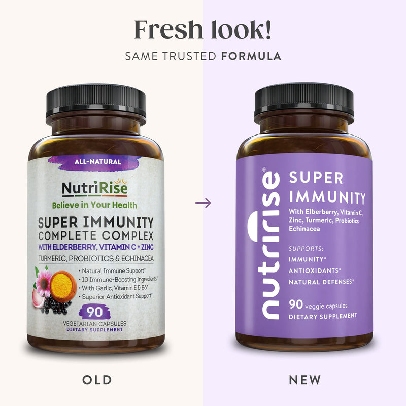 NutriRise Immunity Complex Immune Support Supplement with Vitamin C, E, B6, Zinc, Turmeric Curcumin, Elderberry, Echinacea, 7.2 Billion CFU Probiotics for Gut Health, 90 Count (Pack of 2) 1 Count (Pack of 180)