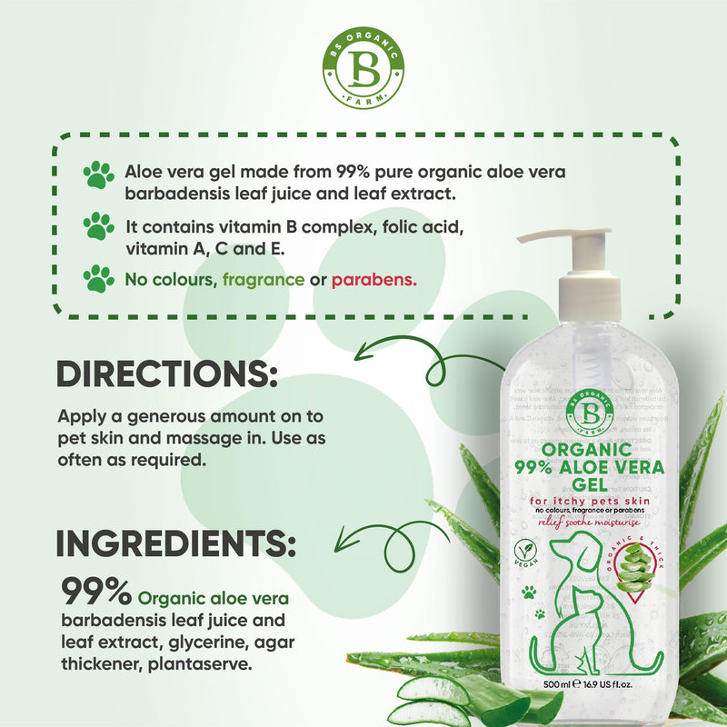 Aloe Vera Gel for Dogs & Cats | itchy dog skin relief | soothe, moisturiser, after sun care for dry pets skin | stings, insect bites 100% pure ingredients 500ml