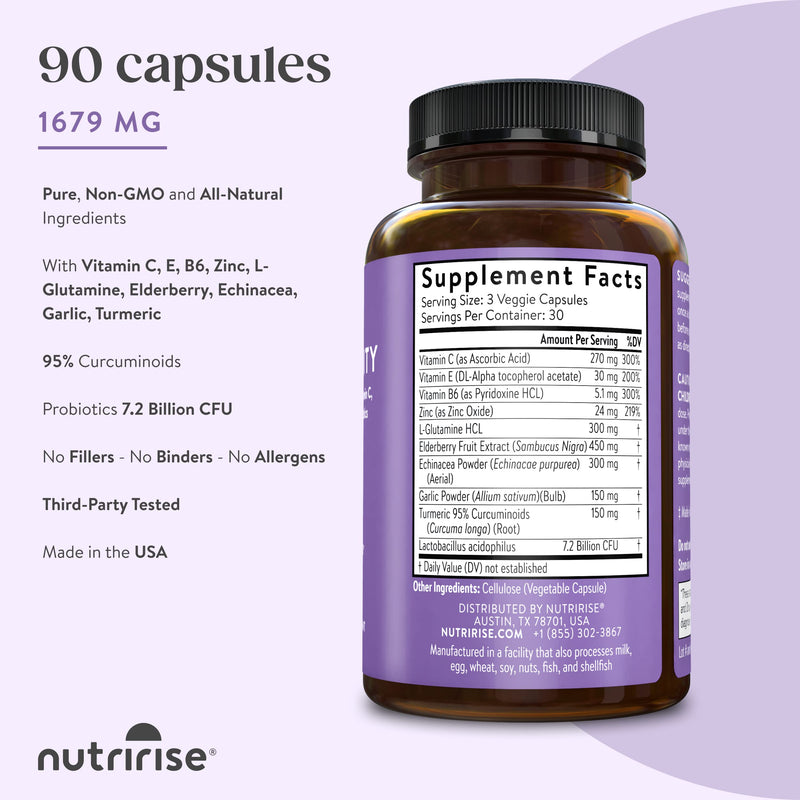NutriRise Immunity Complex Immune Support Supplement with Vitamin C, E, B6, Zinc, Turmeric Curcumin, Elderberry, Echinacea, 7.2 Billion CFU Probiotics for Gut Health, 90 Count (Pack of 2) 1 Count (Pack of 180)
