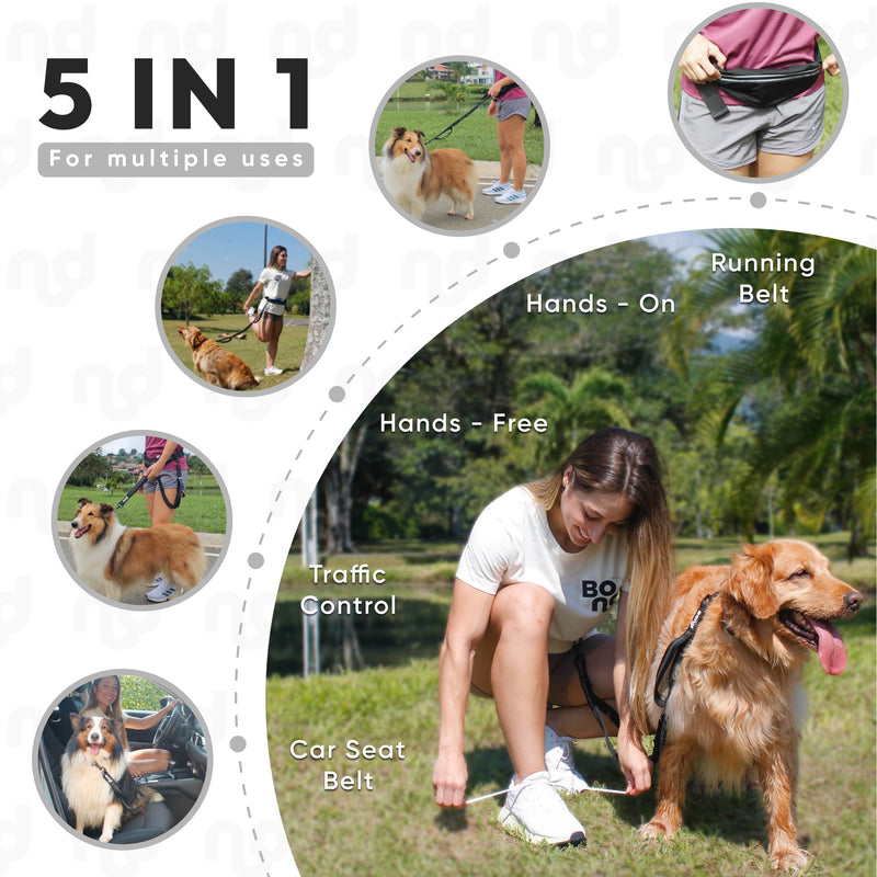 Bond Dog Running Leash Hands Free with Pouch, Hands Free Leash for Large Dogs, Pet Lead Running Belt for Walking & Canicross Belt, Includes Waist Jogging Fanny Pack & Pet Car Seat Belt Safety Medium Black