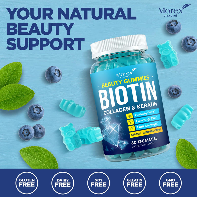 Biotin Collagen Keratin Gummies - Hair Growth Support for Women, Men, 60pcs | Supports Thicker, Fuller-Looking Hair, Stronger-Looking Nails & Healthy Skin - 5,000mcg Biotin with Collagen, Keratin Biotin Gummies