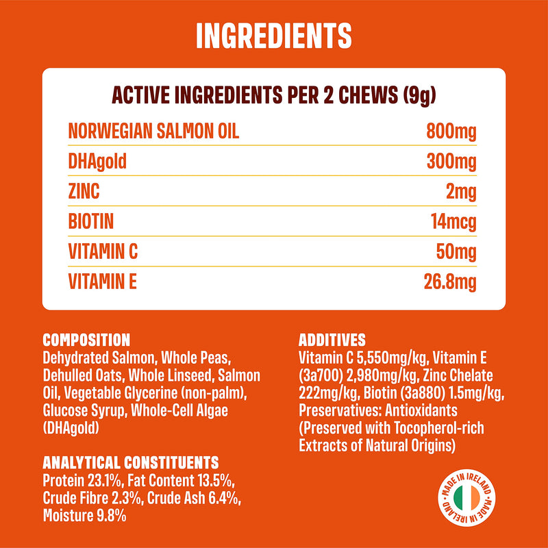 ivvi SKIN & COAT Omega 3 for Dogs Supplement (DHA) with DHAgold, Salmon Oil, Vitamin C & E, Biotin for Dogs – Itchy Skin & Itchy Dog Relief, Dog Allergy Relief, Soft & Shiny Fur - 60 Tasty Soft Chews