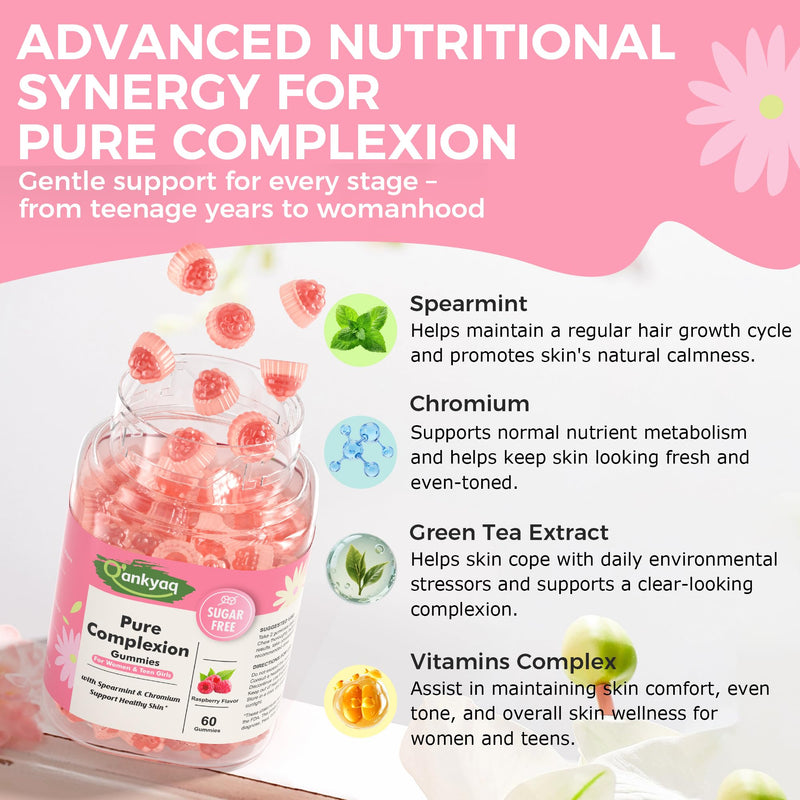 Spearmint Supplement Gummies for Women & Teen Girls, Pure Complexion, 60ct | Organic Spearmint Gummies with Vitamins, Chromium & Zinc, Green Tea Extract, Clear & Healthy Skin Support, Sugar-Free