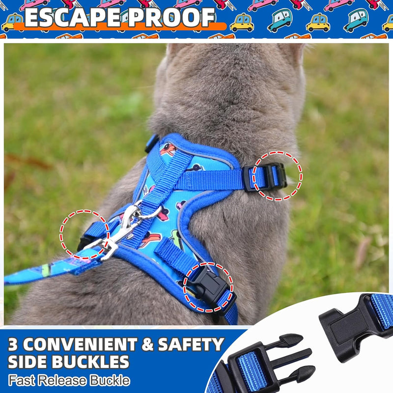KOOLTAIL Cat Harness and Leash Set, Escape Proof for Safe Walking & Travel, Reflective Comfortable Easy Control Adjustable Kitten Harness for Boys&Girls Small Medium Large Cats Car M Cartoon Car Pattern - BeesActive Australia