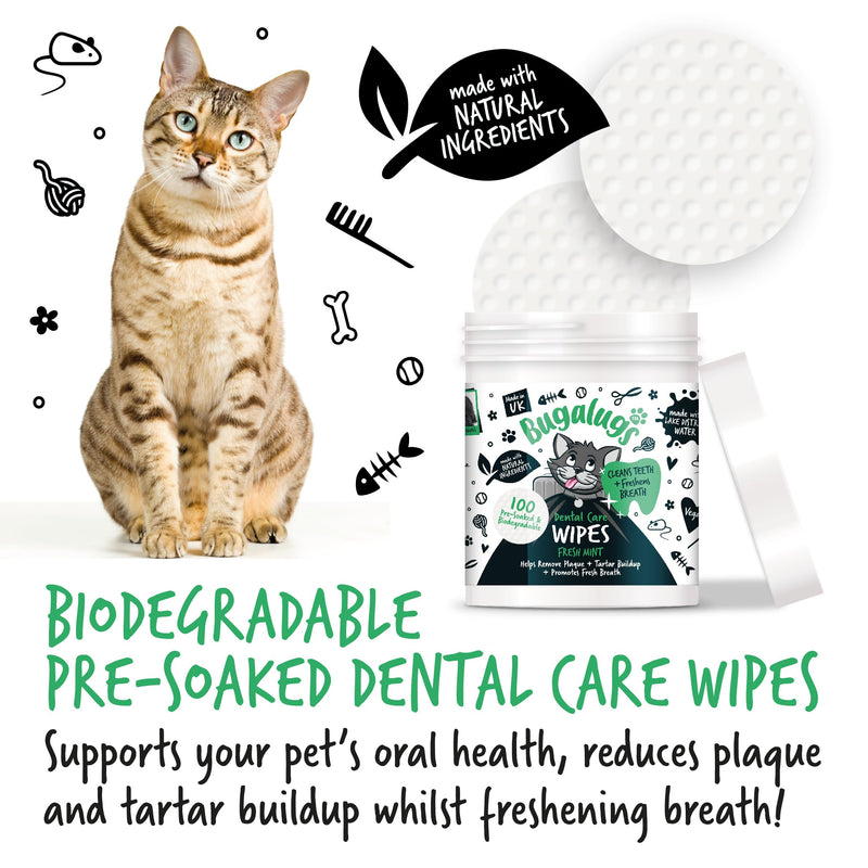 BUGALUGS Cat Breath Freshener Cat Teeth Wipes - Cat Plaque Remover Cat Wipes & tartar remover for teeth. Cat Teeth Cleaning Product No Cat Toothbrush And Paste Brushing Needed (Cat 100 Wipes)