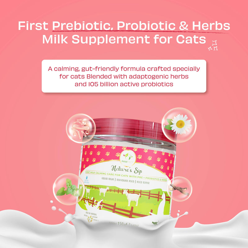 Pawfect Nature's Sip Goat Milk Calming Care powder for Cats - 100% Natural - Rehydrate Food - Prebiotic, Probiotic & Herbs Milk Supplement - Better Digestion - Food Topper - Liquid Treat (150g/5.29oz) Goat Milk/150g