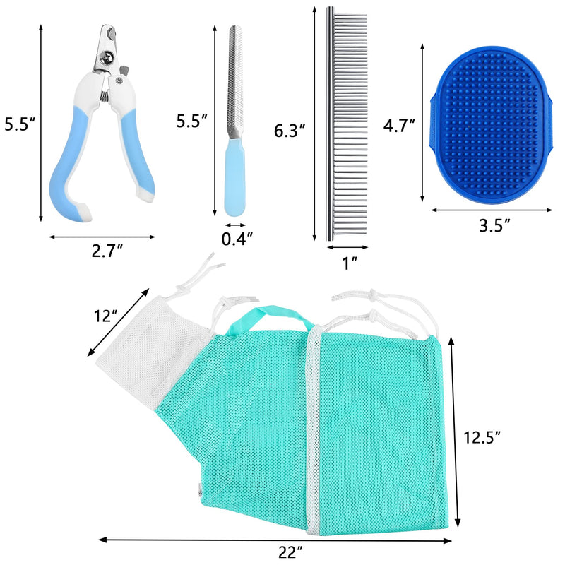 JULMELON Cat Washing Bag 10 PCS Set, Adjustable Cat Shower Net Bag and Pet Grooming Brush with Nail Clipper Nail File Hair Combs Tick Tool Nail Caps for Bathing Nail Trimming Examination（Grey+Green） Grey+Green - BeesActive Australia