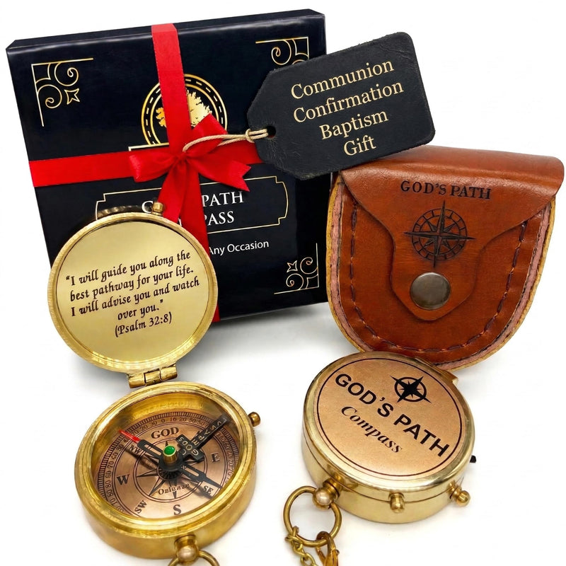 God's Path Compass – Communion & Confirmation Gift for Teenage Boys | Baptism Religious Gifts for Men, Christian, Catholic, Graduation | Sentimental & Inspirational Present – Greeting Card Included God's Path - Leather Case