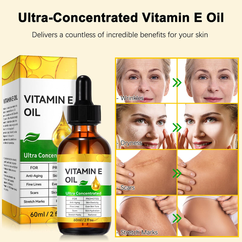 Liefiet Vitamin E Oil, Pure Vitamin E Oil for Skin, Scars, Nails and Scalp, Face and Body Moisturizer, Hydrating Dry Skin, Reduce Stretch Marks, Fine Lines & Wrinkles, 2Fl Oz (Pack of 2) 2 Fl Oz (Pack of 2)