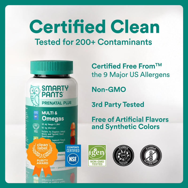 SmartyPants Prenatal Multivitamin Gummies with Omega 3 DHA/EPA, Methylfolate, Biotin, Vitamins D3, C, B12, B6, A, K, and Zinc, Gluten Free, Clean Label, Two Fruit Flavors, 90 Gummies (30 Day Supply) 30 servings, 90 Count Multi + Omega - 30 Day Supply