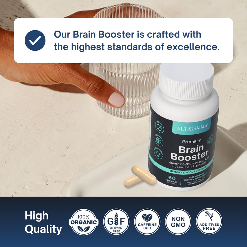 Nootropic Supplement - Focus, Memory Booster, Productivity & Energy Vitamins for Women & Men - Nootropics Brain Support Supplement with Vitamin B12 & L Tyrosine, 60 Capsules