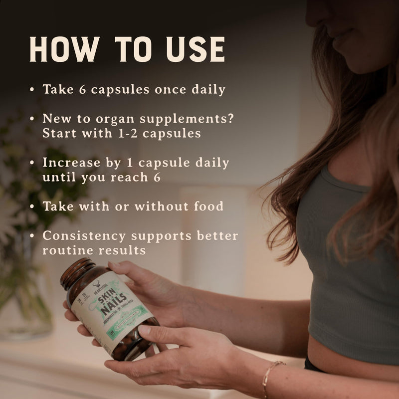 HEART & SOIL Hair Skin & Nails Supplement, 180 Capsules | 100% grass fed & finished from regenerative cattle with cartilage, liver & bone marrow. 3000mg beef organs. Skin, Hair & Nails