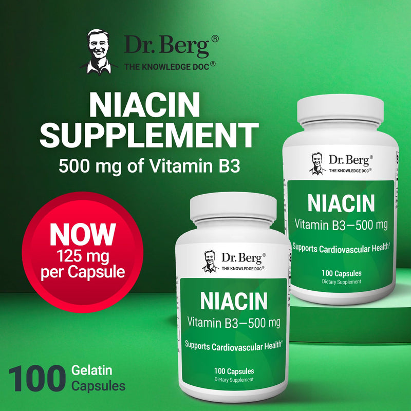 Dr. Berg Highly-Potent Niacin 500 mg – Now Only 125 mg per Capsule for Niacin Flush Tolerance Building – Gradually Increase to 500mg a Day – Vitamin B3 for Heart, Brain & Energy Support – 100 Capsules