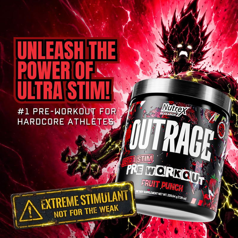 Outrage Ultra HIGH STIM Pre-Workout Powder for Men Fruit Punch | 400mg Caffeine, L-Citrulline, Beta-Alanine, Creatine | Extreme Energy, Focus, Strength & Endurance | 30 Servings 8 Ounce (Pack of 1)