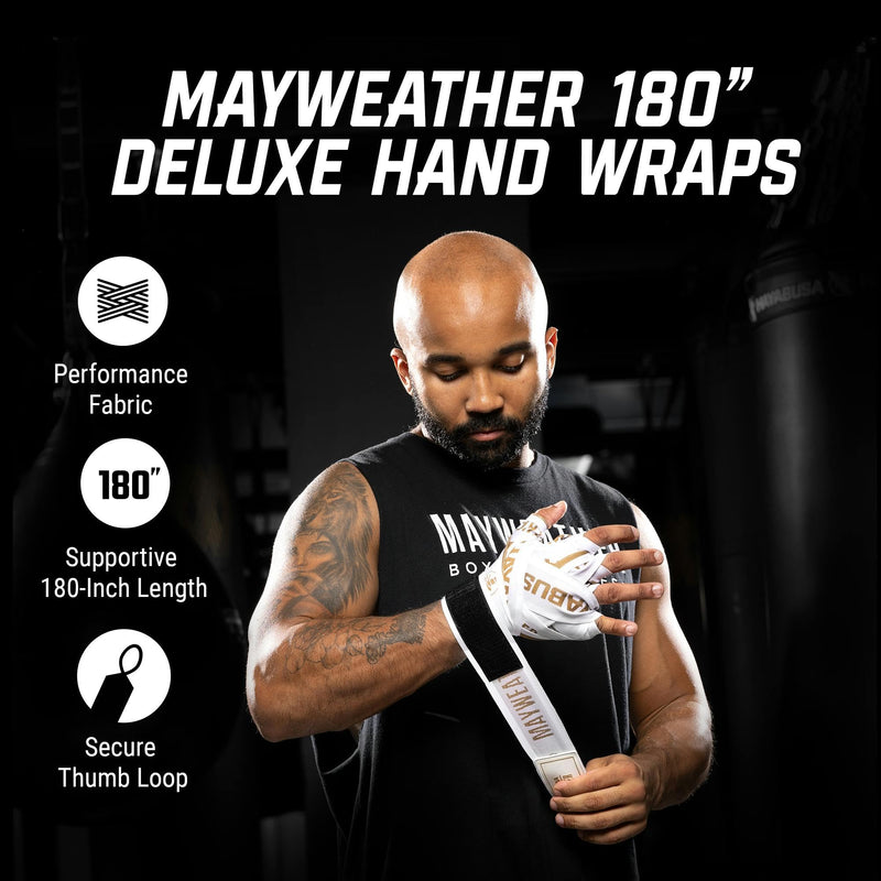 Hayabusa Mayweather Deluxe Hand Wraps for Men and Women, 180 inches White/Gold