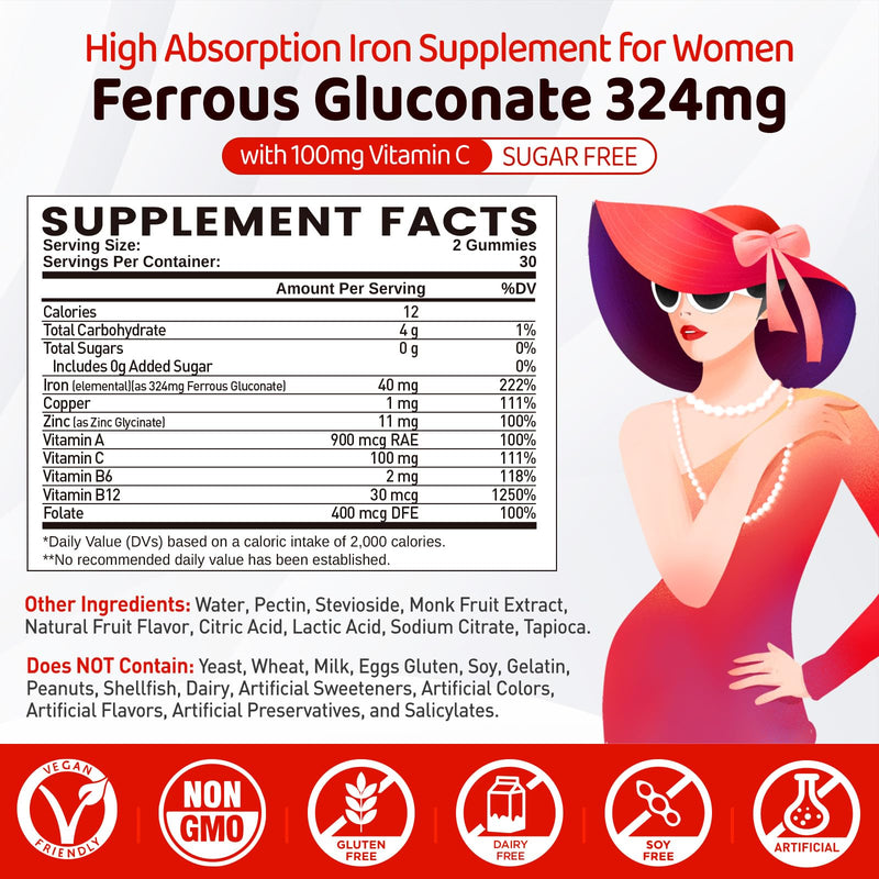 Iron Supplement for Women Teen Girls, Iron Gummies Ferrous Gluconate 324 mg | Iron with Vitamin C, A, B, Folate, Copper, Zinc, Energy & Blood Support, Immune Health, Sugar Free 60 Gummies 1