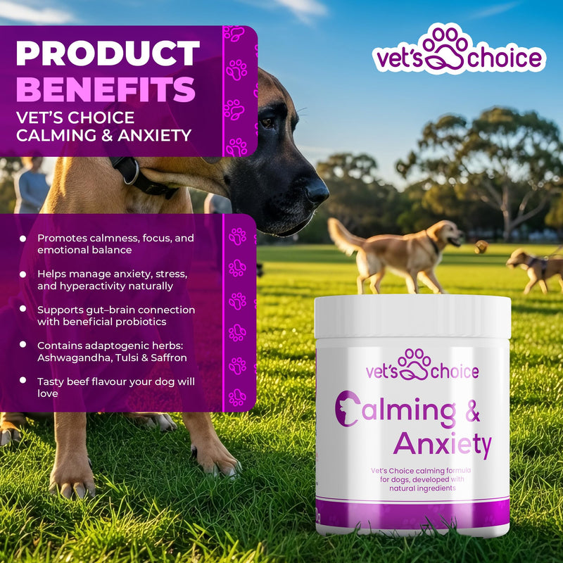 Dog Calming Supplements - Calming & Anxiety Powder for Dogs - 270g | Vet's Choice - GMP Certified | Support for relaxation & emotional balance | UK Made Dog Supplement, Mix in with Food (Beef Flavour)