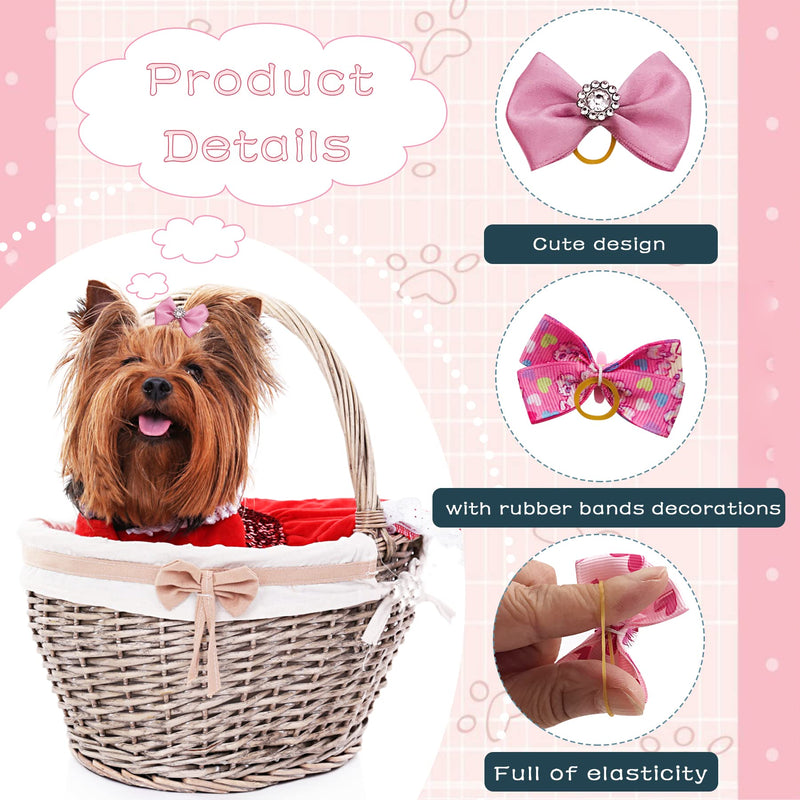 30PCS/15PAIRS Pink Dog Hair Bows with Rubber Bands Puppy Hair Bowknot Top Knot Elastic Radom Pattern for Girl Female Doggy Poodle Pet Animal Grooming Accessories Attachment - BeesActive Australia