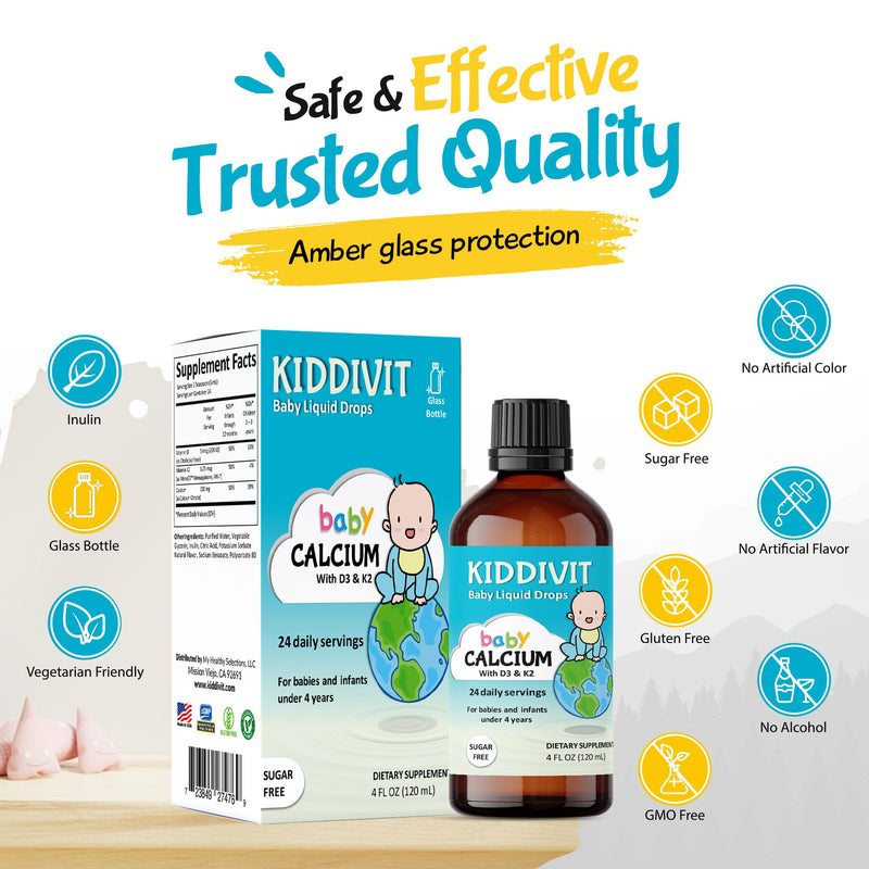 Baby Calcium Liquid Drops with Vitamin D3 & K2 – Gentle Bone & Growth Support Supplement – 24 Daily Servings – Inulin Fortified Prebiotic Fiber – Sugar Free, Gluten Free, Vegetarian, 4oz