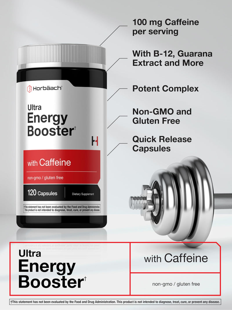 Horbäach Energy Supplement | 120 Capsules | with Caffeine, Ginseng & Vitamin B12 | Daily Energy Booster Pills | Non-GMO, Gluten Free