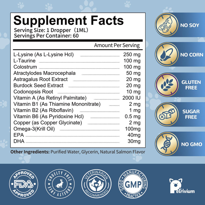 L-Lysine Supplement for Cats - Vitamins & Taurine for Immune Support & Allergy Relief - Lysine for Respiratory, Sneezing, Runny Nose, Eye Function - Natural Cat Antibiotic Drops - 60ML Slamon Flavor