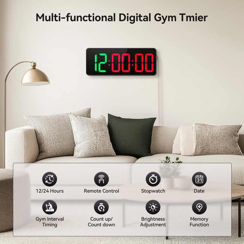 Gym Timer Clock Large Display, 12" LED Exercise Workout Interval Timer with Remote for Boxing Tabata/FGB/EMOM,Countdown/Up,Stopwatch Clock for Sports,Home Gym,Yoga,Garage,Office,Classroom Black 12 Inch - BeesActive Australia