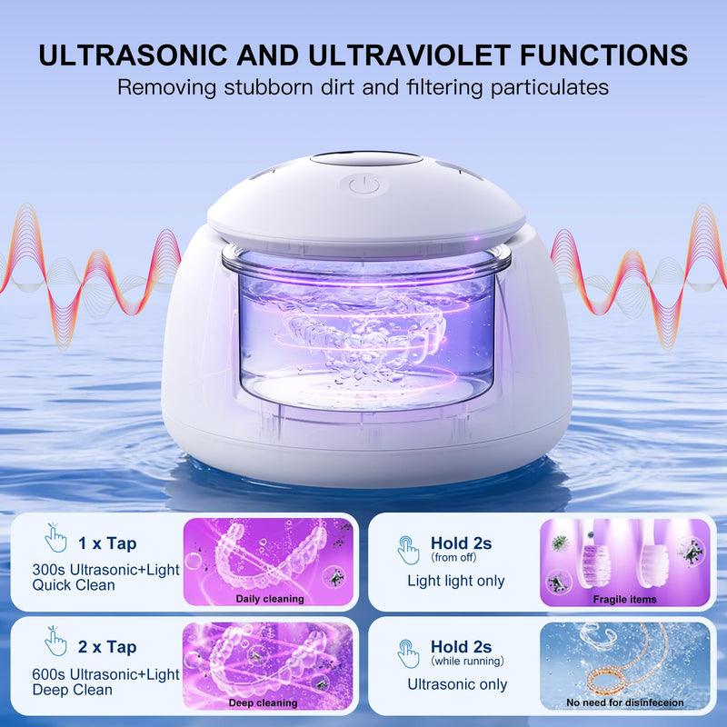Ultrasonic Retainer Cleaner Machine, 45kHz ultrasonic cleaner for denture/Jewelry/Toothbrush with 4 Cleaning Modes, Digital Timer, 200ML Mouth Guard Cleaner for Aligner Ivory