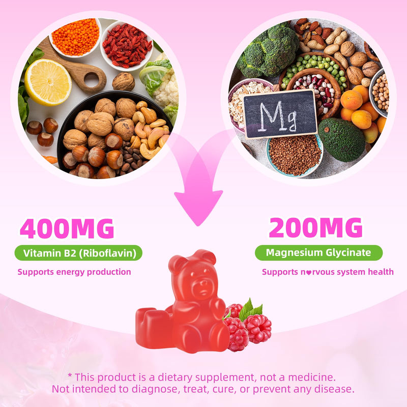 Vitamin B2 Gummies 400mg – Riboflavin Supplement with Magnesium for Kids & Adults | Supports Nervous System & Energy Production | Sugar Free, Vegan, Non-GMO, Raspberry Flavor - 60 Count 60 Count (Pack of 1)