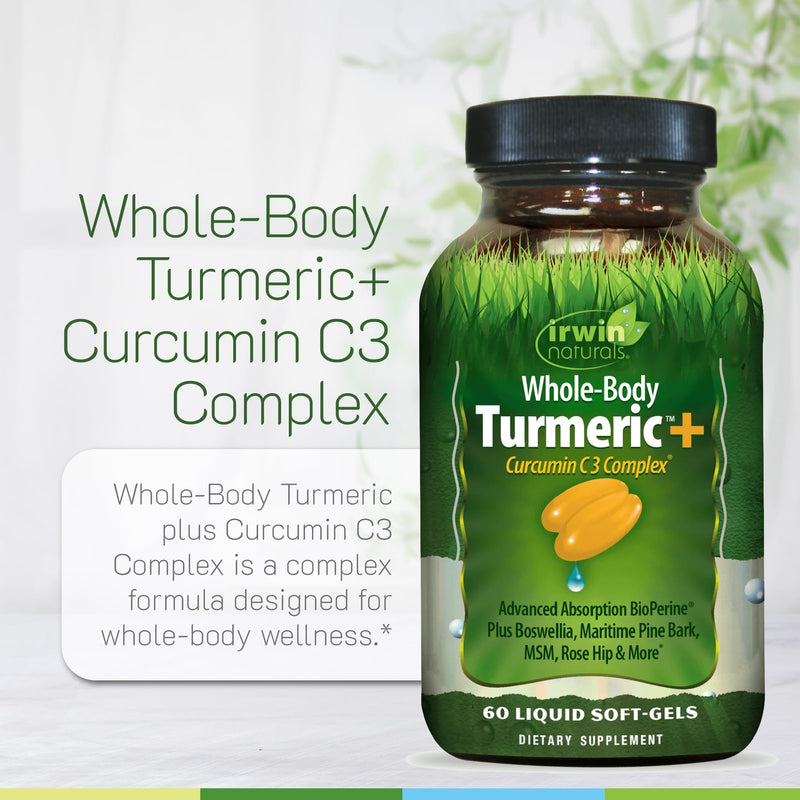 Irwin Naturals Whole-Body Turmeric Curcumin Wellness Formula (2 Pack) | Mobility & Joint Support | Curcumin C3 Complex + Boswellia | Enhanced absorption with BioPerine | 2 X 60 Liquid Soft-Gels 60 Count (Pack of 2)