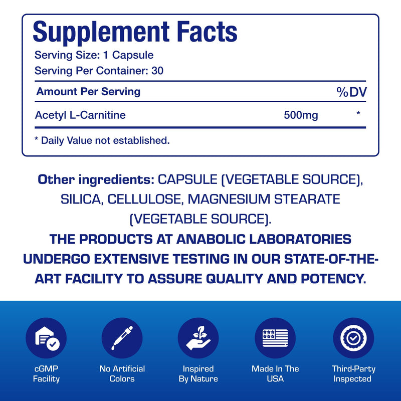 Acetyl L-Carnitine 500mg - High Potency L Carnitine Supplement for Nerve Brain Memory Energy and Focus Support - Vegetarian Non-GMO & Made in the USA in cGMP Facilities - 30 Servings