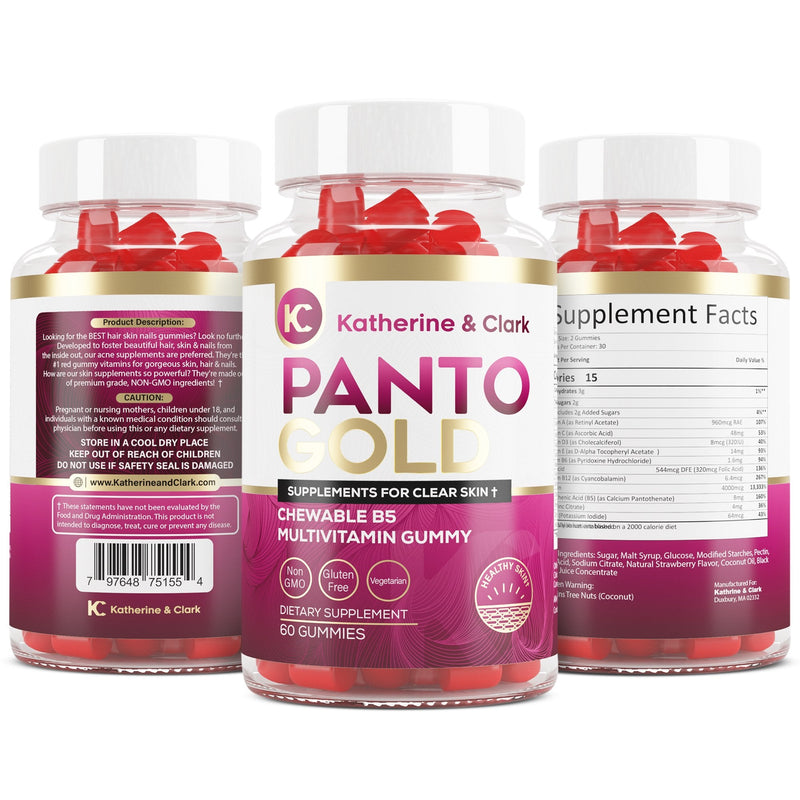 Katherine & Clark Panto Gold Vitamin B5 Pantothenic Acid Gummies for Acne - Hair Skin and Nails Gummies - Biotin, Zinc, Folic Acid Chewable Non-GMO Gluten-Free for Body - Oily Skin Gummies - 60 Count