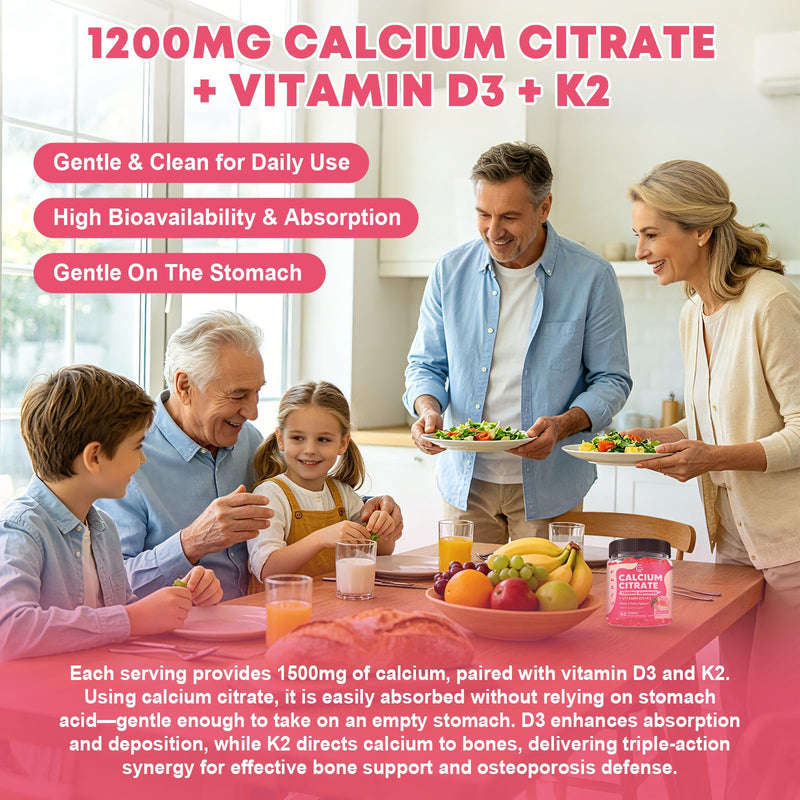 Calcium Citrate Gummies 1200 mg with Vitamin D3, K2 for Women & Men | High Absorption Calcium Supplements or Bone, Muscle & Immune Support, Sugar Free, Vegan, Peach Flavor, 60 Chews, 2 Pack